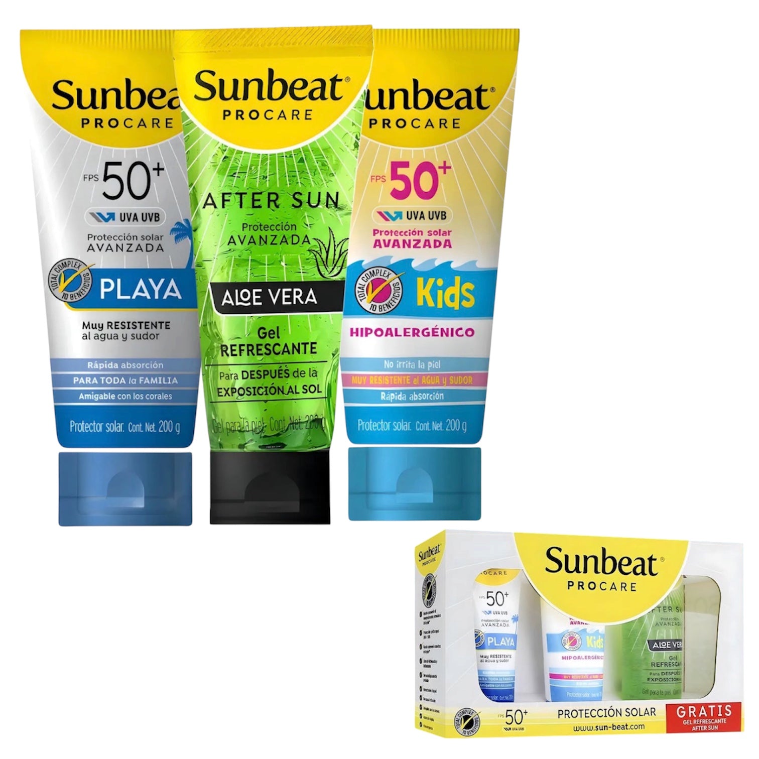 Protector Solar Sunbeat Fps50 Pack 200g C/u con Gel Refrescante Para Después Del Sol