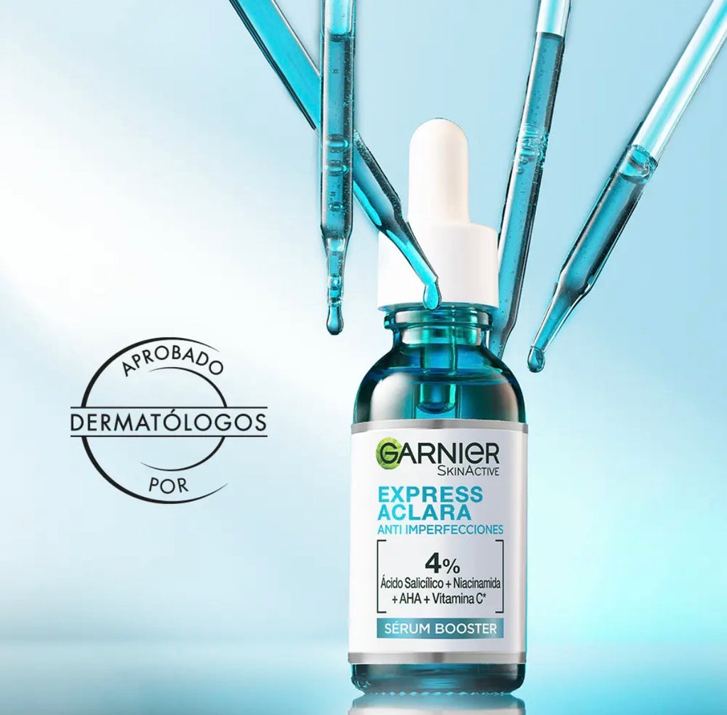 Sérum Anti Imperfecciones Garnier Express Aclara, con Concentrado de Vitamina C, Ácido Salicílico y Niacinamida que Reduce Manchas en Piel Grasa 30 ml