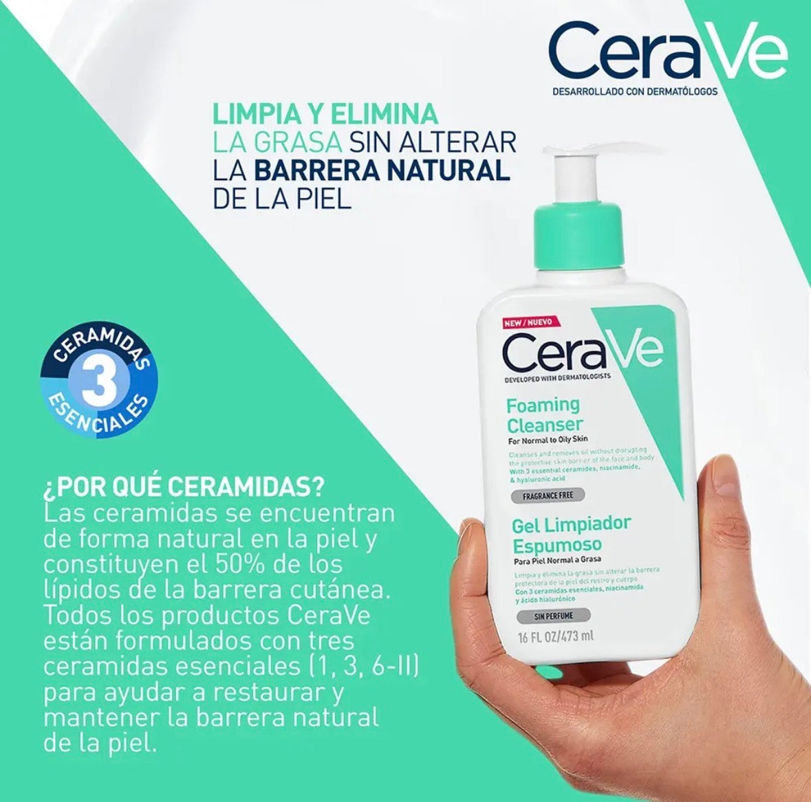 CeraVe Gel Limpiador Espumoso Foaming Cleanser 473ml Todo Tipo de Piel