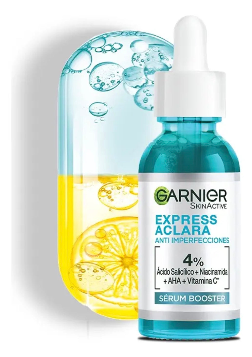 Sérum Anti Imperfecciones Garnier Express Aclara, con Concentrado de Vitamina C, Ácido Salicílico y Niacinamida que Reduce Manchas en Piel Grasa 30 ml