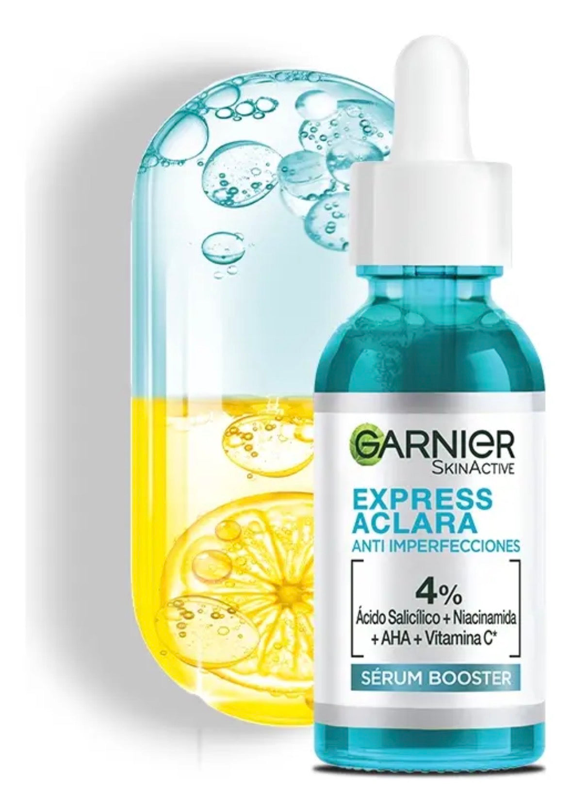 Sérum Anti Imperfecciones Garnier Express Aclara, con Concentrado de Vitamina C, Ácido Salicílico y Niacinamida que Reduce Manchas en Piel Grasa 30 ml
